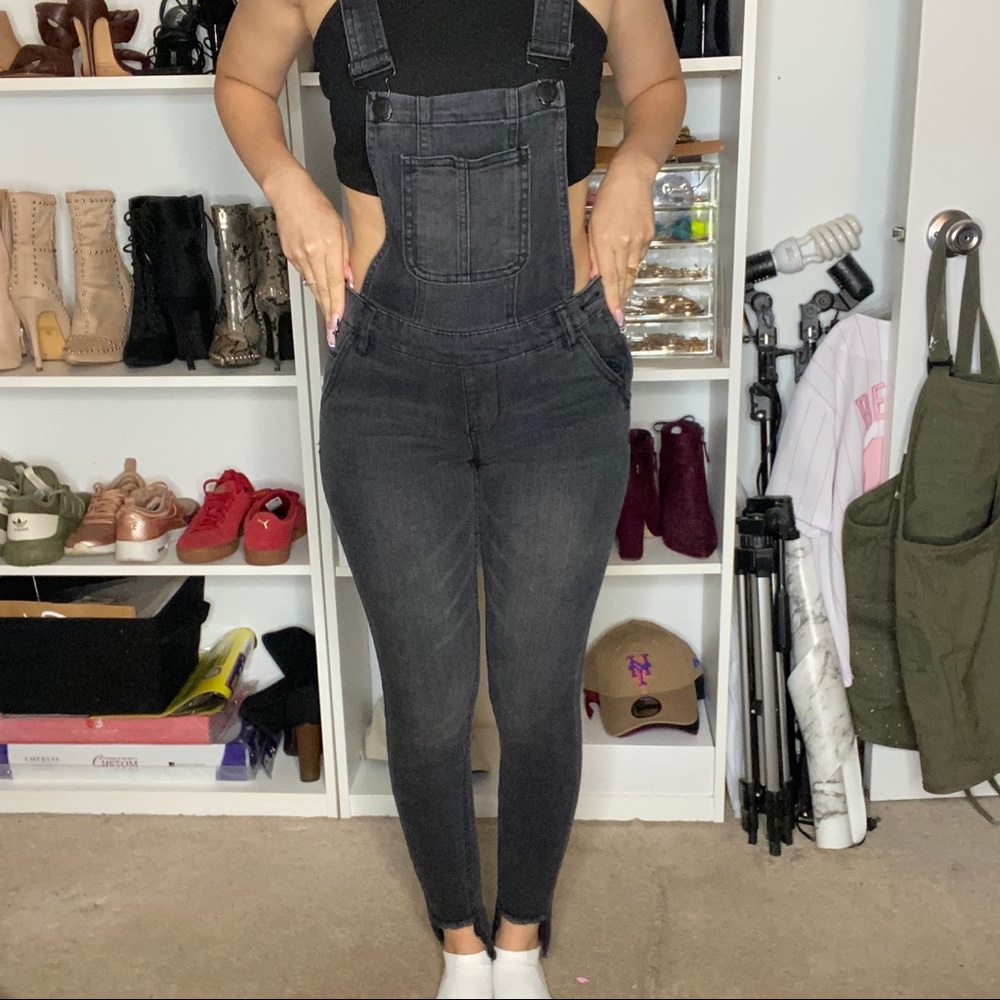 Denim overalls with light distressing